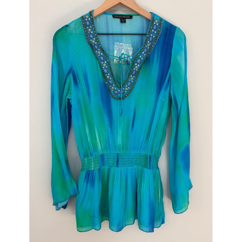 Boston‎ Proper Watercolor Beaded V-Neck Smocked Waist Tunic Top Blue Green Sz XS